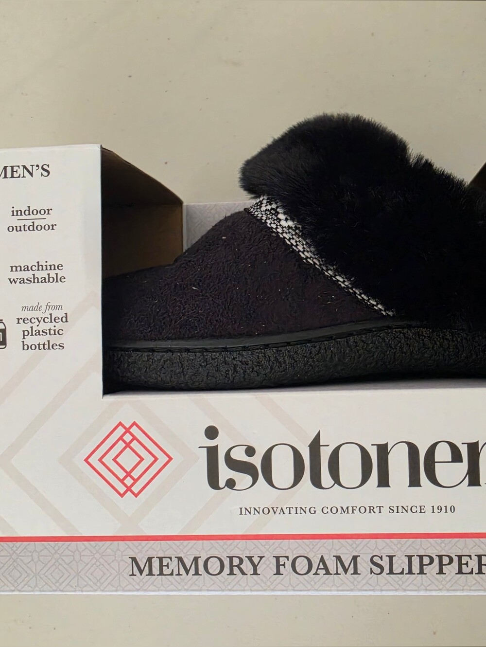 isotoner Women's Black Plush Faux-Fur Slip-On Slippers